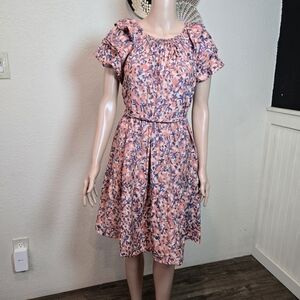 Mirth Womens Short Sleeve Keyhole Floral Midi Dress Pink  Cotton Size Large